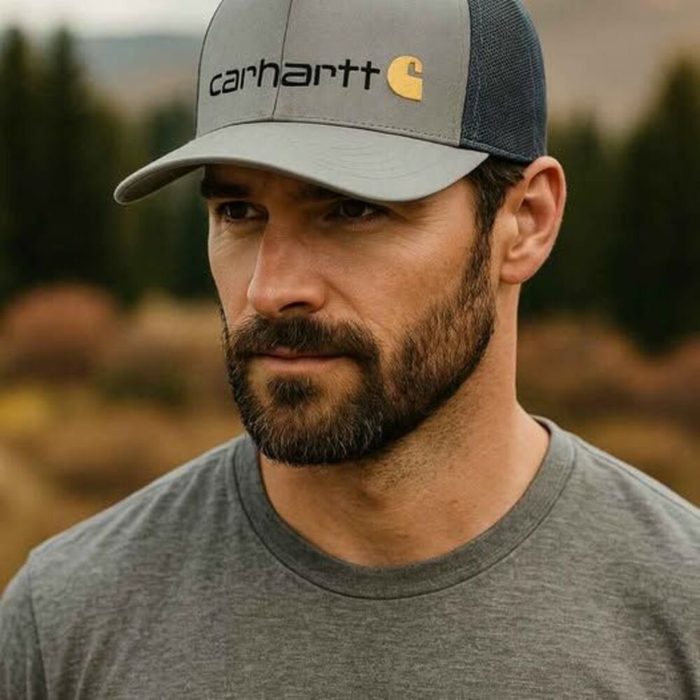 Carhartt Men's Rugged Flex Fitted Canvas Mesh-Back Logo Graphic Cap.